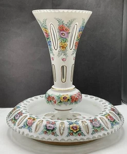 BOHEMIAN ART GLASS WHITE TO CLEAR HAND PAINTED CENTER PIECE WITH VASE - Picture 1 of 12