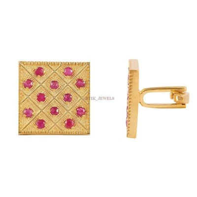 Heated Ruby Gemstone with 18k Gold Plated Silver Cufflink #2589 - Image 1 of 4