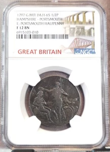 1797 GREAT BRITAIN 1/2 PENNY D&H 65 HAMPSHIRE PORTSMOUTH NGC F 12 BN RARE - Picture 1 of 3