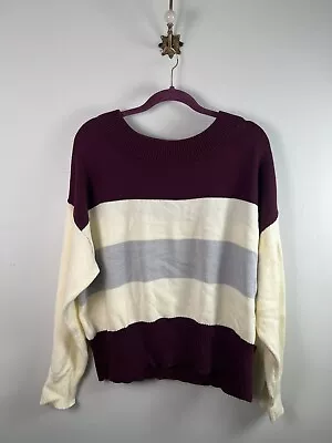 Lucky Brand Womens Sweater XL Wide Striped Maroon Beige Color Block Pullover - Image 1 of 4