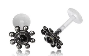 REAL SILVER FLOWER W/ ONYX 16G 1/4 6mm BIOPLAST EARRING LABRET TRAGUS LIP HELIX - Picture 1 of 3