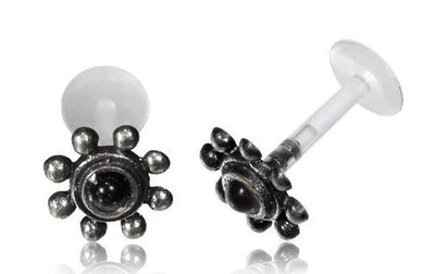 PENDIENTE BIOPLÁSTICO LABRET TRAGUS LABIO HELIX FLOR PLATA REAL CON ÓNIX 16G 5/16 8mm Foto 1 de 3