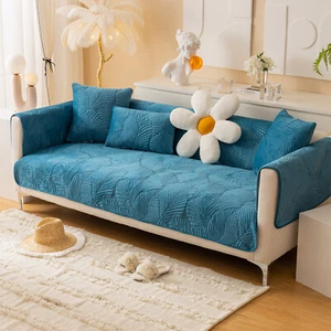 Velvet Plush Couch Cover Towel Mat Non-Slip Sofa Slipcover Quilted Leaf Pattern - Picture 1 of 26