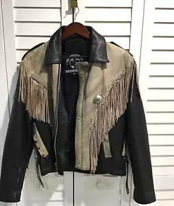 Giacca moto pelle SHAF unisex vintage anni 70 frange accenti e conchiglie taglia 40 - Foto 1 di 8