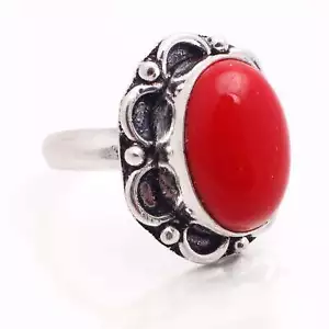 Coral Piedra Preciosa Bañado en Plata Handmade Joyería Regalo Anillo Tamaño US - Picture 1 of 3