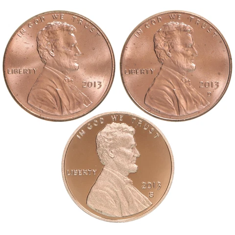 2013 P D S Lincoln Shield Cent Year Set Proof & BU US 3 Coin Lot Cover