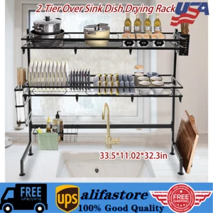 2-Tier Over Sink Dish Drying Rack Kitchen Countertop Cutlery Organizer 82cm 22lb - Picture 1 of 13