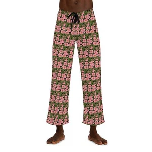 Men's Pajama Pants - Lounge Pant - Green Pink Flowers - Floral Spring Pattern - Picture 1 of 5