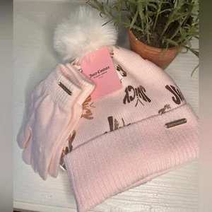 Juicy Couture Baby Pink Beanie Pom Pom Hat And Glove Set NWT - Picture 1 of 3