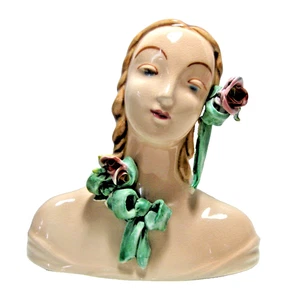 Busto de arte de porcelana vintage de los años 40 de 6 1/2 pulgadas cinta verde sin marca como está - Imagen 1 de 8