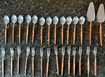 VTG MCM Dutch Holland Stainless Spoons Forks Teak Wood Handle Lot Of 28 - Image 1 of 4