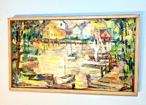 Vtg. Mid Century Modern Oil Painting Mary Maxwell Houghland Boats Woodstock NY - Picture 1 of 5