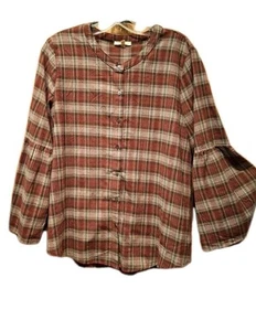 Mystree L Plaid Top In Browns Unusual Trumpet Or Bell Sleeves Button Front... - Picture 1 of 6
