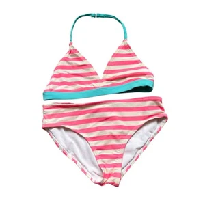 Girls S 6-6X Pink White Stripe Halter Triangle Teal Trim Top Bikini Bottom Set - Picture 1 of 2