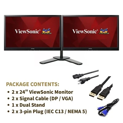 2x ViewSonic LED 24" FHD 1080P LED Monitor W/ 2in1 Stand DP VGA Grade A - Image 1 of 4