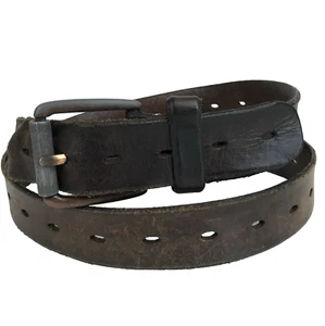 Vtg Leather Belt Mens 42 Brown Leather Distressed Boho Perforated Roller Buckle - Picture 1 of 7