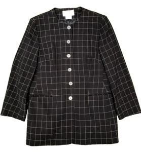 JAEGER Vintage Longline Navy Check Pure Wool Blazer /Pockets/ Made in UK Size 16 - Picture 1 of 10