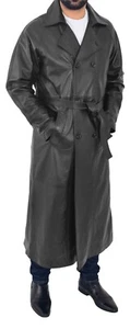 Mens Full Length Leather Coat Black Double Breasted Trench Long Jacket Overcoat - Picture 1 of 8