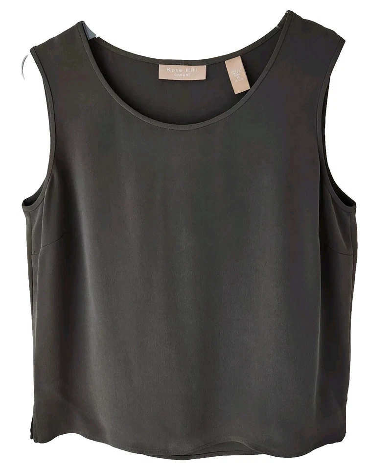 Kate Hill Casual 100% Silk Tank Size M Gray Green Round Neck Sleeveless Blouse - Image 1 of 4