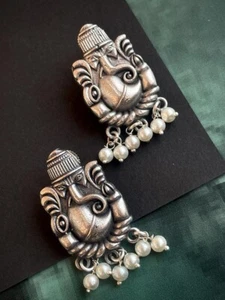 Silver Plated Oxidized Ganesha Design stud Design - Picture 1 of 3