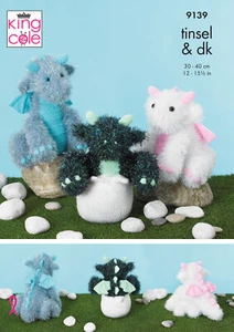 Knitting Pattern Baby Dragon Toy Teddy King Cole Tinsel Chunky & DK 9139 - Picture 1 of 3