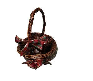 Dark Stained Woven Rotan Wicker Bread Basket Ribboned One With Handle Lot Of 2 - Picture 1 of 22