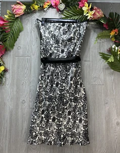 Y2k 90s Dress Black & White Floral Satin Bodycon Strapless Elastic Waist Size 8 - Picture 1 of 14
