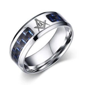 Men Women Blue Carbon Fiber Inlay Masonic Wedding Ring Titanium 8MM Size 6-12 - Picture 1 of 4