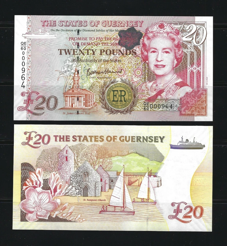 GUERNSEY 20 Pounds 2012, P-61 QEII 60th Commemorative, UNC, Low S/N 0009xx, Rare - Image 1 of 1