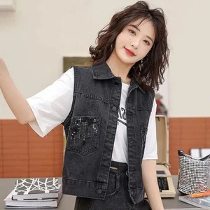Lady Denim Vest Sleeveless Jackets Sequins Short Jean Cardigan Waistcoat Classic - Picture 1 of 13
