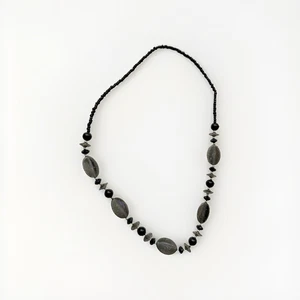 Grey And Black Acrylic Oval and Round Beaded Necklace, 14" Single Strand - Picture 1 of 4
