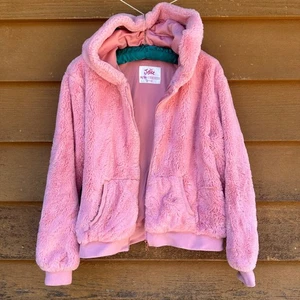 Justice Girls Pink Plush Zip-Up Hooded Sweater Size 14/16 - Picture 1 of 11