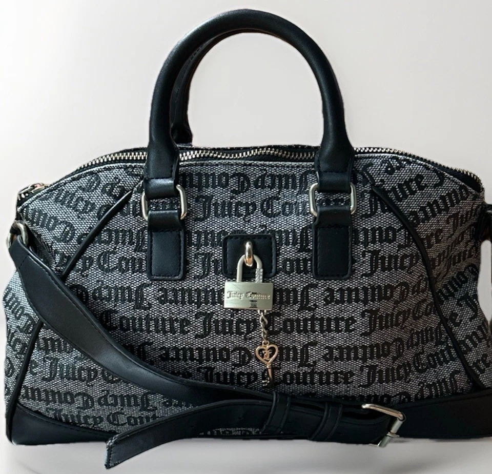 Bolso Cartera Juicy Couture East West Boston Llave de Cerradura Escritura Gótica Y2K Negro Gris Foto 1 de 4