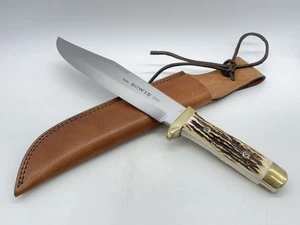 LINDER Solingen Germany Buffalo Hunting etch Genuine Stag Bowie w/ Sheath - Picture 1 of 9