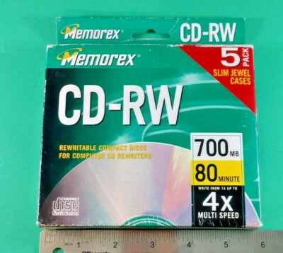 (5 包)MEMOREX 3202-3406 CD-RW 700MB 80MIN 4X 速度带珠宝盒 — 第 1/3 张图片