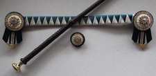 Dark Teal & Gold Satin Browband, Lapel Pin & Chocolate Brown Show Cane Set NEW