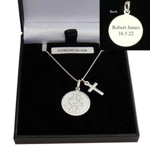 St Christopher Necklace with Cross. 925 Sterling Silver, Personalised Engraving, - Picture 1 of 24