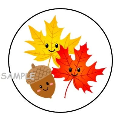 PARTYMOMMY 30 HAPPY LEAVES ENVELOPE SEALS LABELS STICKERS 1.5" ROUND ACORN AUTUMN