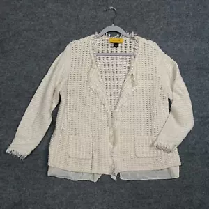 Cárdigan St. John para mujer talla grande grueso tejido flecos crema algodón lana lino - Imagen 1 de 14