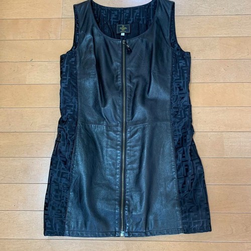 Autentico mini abito senza maniche con logo Fendi vintage Zucca FF con cerniera in pelle taglia 42