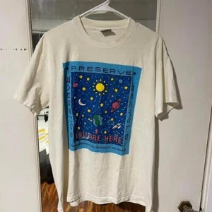 Cream and blue Environmental Action Network Oneita cotton tee SINGLE STITCH - Picture 1 of 2