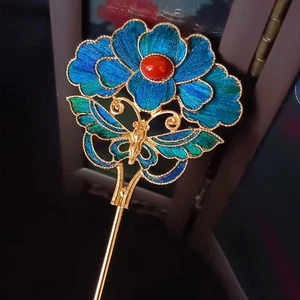 Hanfu Blue Enamel Hairpin Cloisonne Vintage Palace Style Chinese Hair Accessory - Picture 1 of 6
