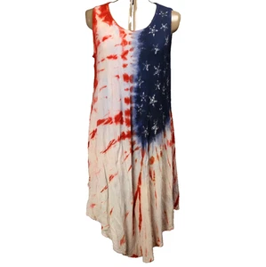 American Flag Tie Dye Knee Length Sleeveless Dress Red White Blue One Size - Picture 1 of 22