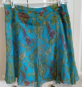 100% Silk Boho Whimsy Fairy Short Skirt Vision App LG TEAL Floral Bead Lined EUC - Picture 1 of 8