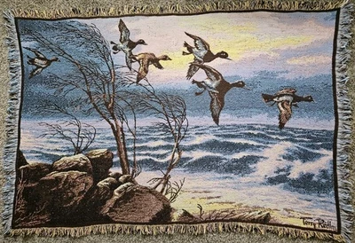 Terry Redlin Blanket Jacquard Tapestry Throw Blanket Country Flying Ducks Water  - Image 1 of 4
