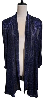 R&M Richards Sheer Metallic Open Front Blue Long Cardigan Jacket 3/4 Sleeve 18W - Image 1 of 4