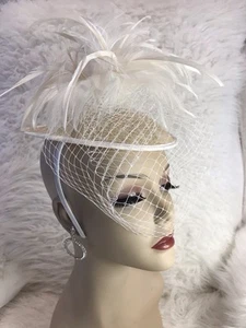 Vintage Elfenbein Hochzeit Pillendose Perle Braut Vogelkäfig Hut Netz Gefedert & Schleier - Bild 1 von 6