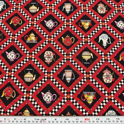 Mary Engelbreit 2000 Cranston Checkered Tea Pots Florals Cotton by the HALF YARD - Image 1 of 2