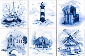 10x10 Küchenfliesen Delfter Art (Leuchtturm, Windmühle, Strandkorb, Haus am See) - Bild 1 von 3
