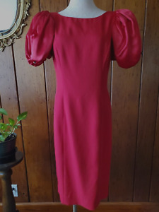 Vintage 80's Cocktail Dress STUNNING RED Satin Puff Sleeves, Rhinestone Size 8